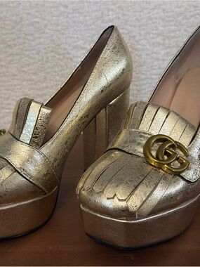 Gucci Gold Metallic Fringe Platform Pumps with Double G